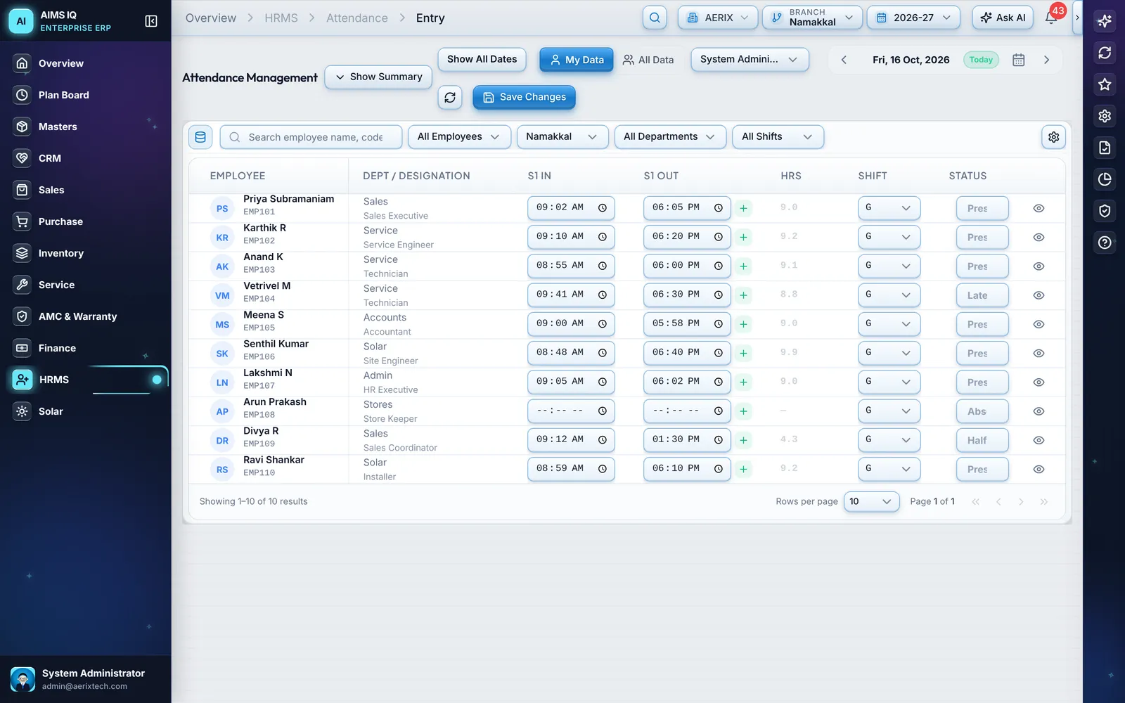 Attendance screen listing ten employees with department, check-in and check-out times, hours worked and present, late, absent or half-day status