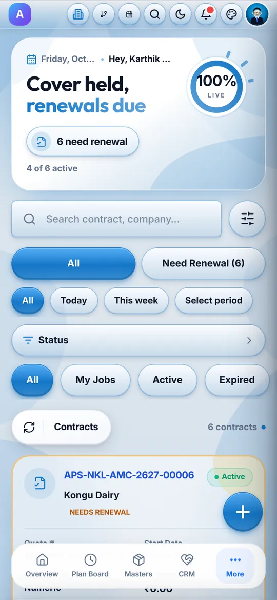 Phone screen of AMC contracts with renewals due and an active contract marked as needing renewal