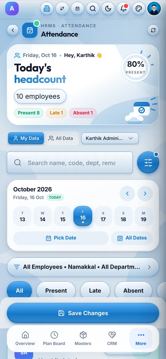 Phone attendance screen showing today’s headcount of 10 employees with 8 present, 1 late and 1 absent