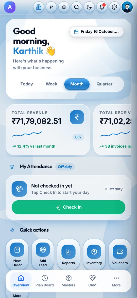 AIMS IQ phone home screen with revenue, attendance check-in and quick actions