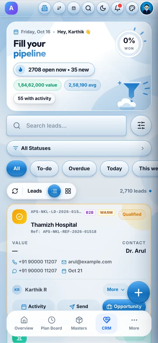 Phone screen of a lead card with contact details, value and buttons for activity, send and opportunity