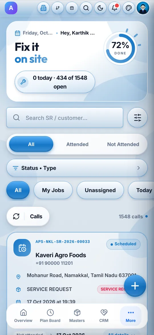 Phone screen of service calls with progress, filters and a scheduled service request