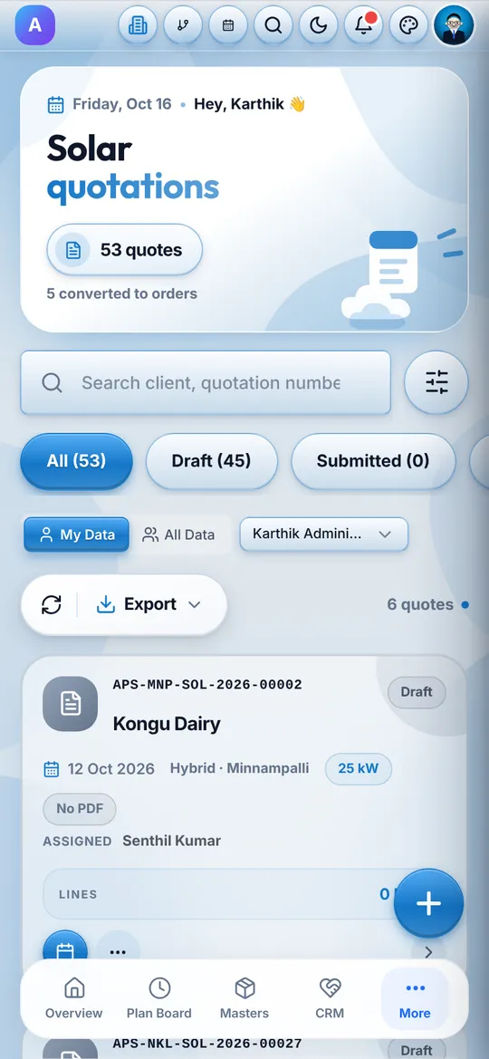 Phone screen of solar quotations with a draft quote, system type and size